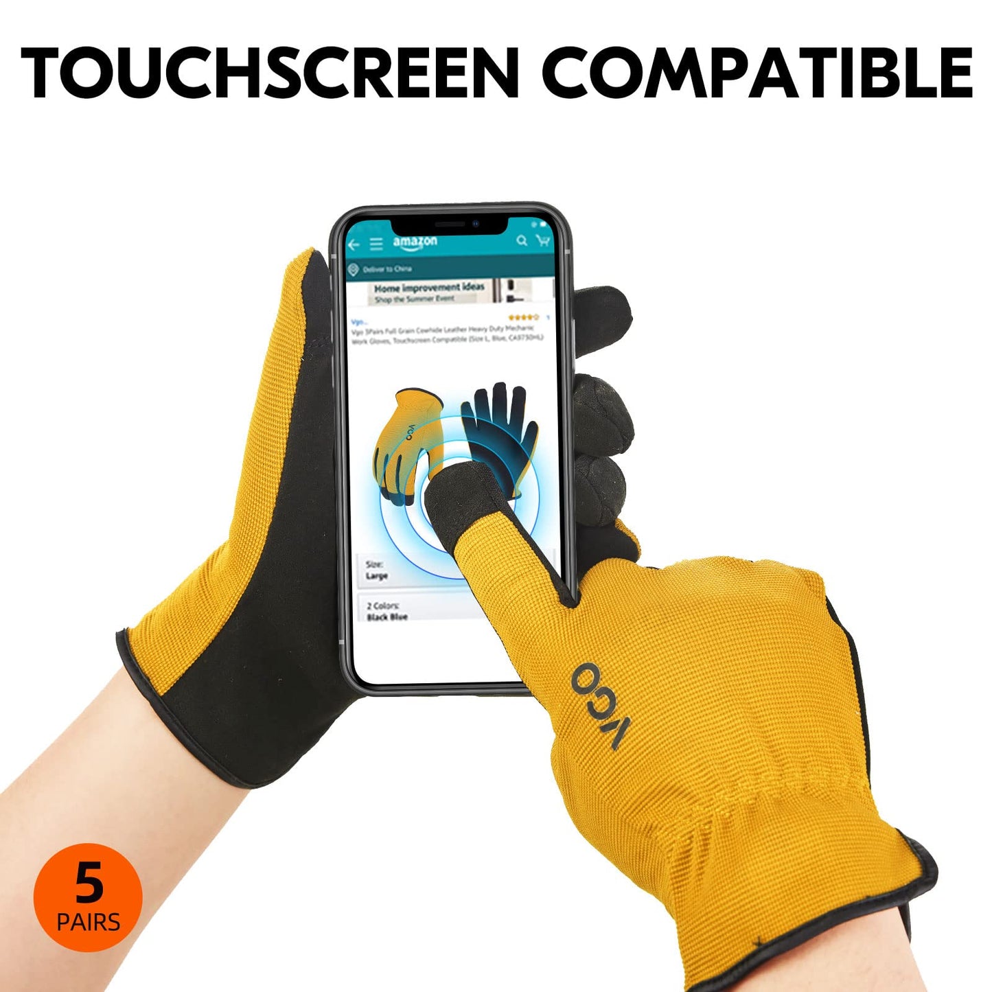Vgo... 5Pairs Work Gloves Touchscreen, Light Duty Safety Gloves for Gardening Warehouse Delivery Multi-function