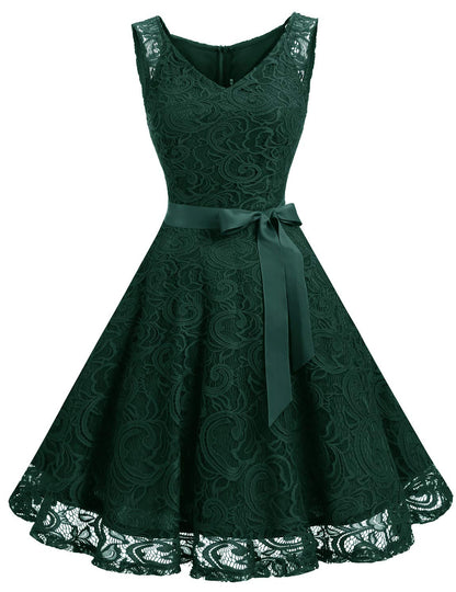 Dressystar 0010 Women Floral Lace Bridesmaid Party Dress Short Prom Dress V Neck Dark Green S