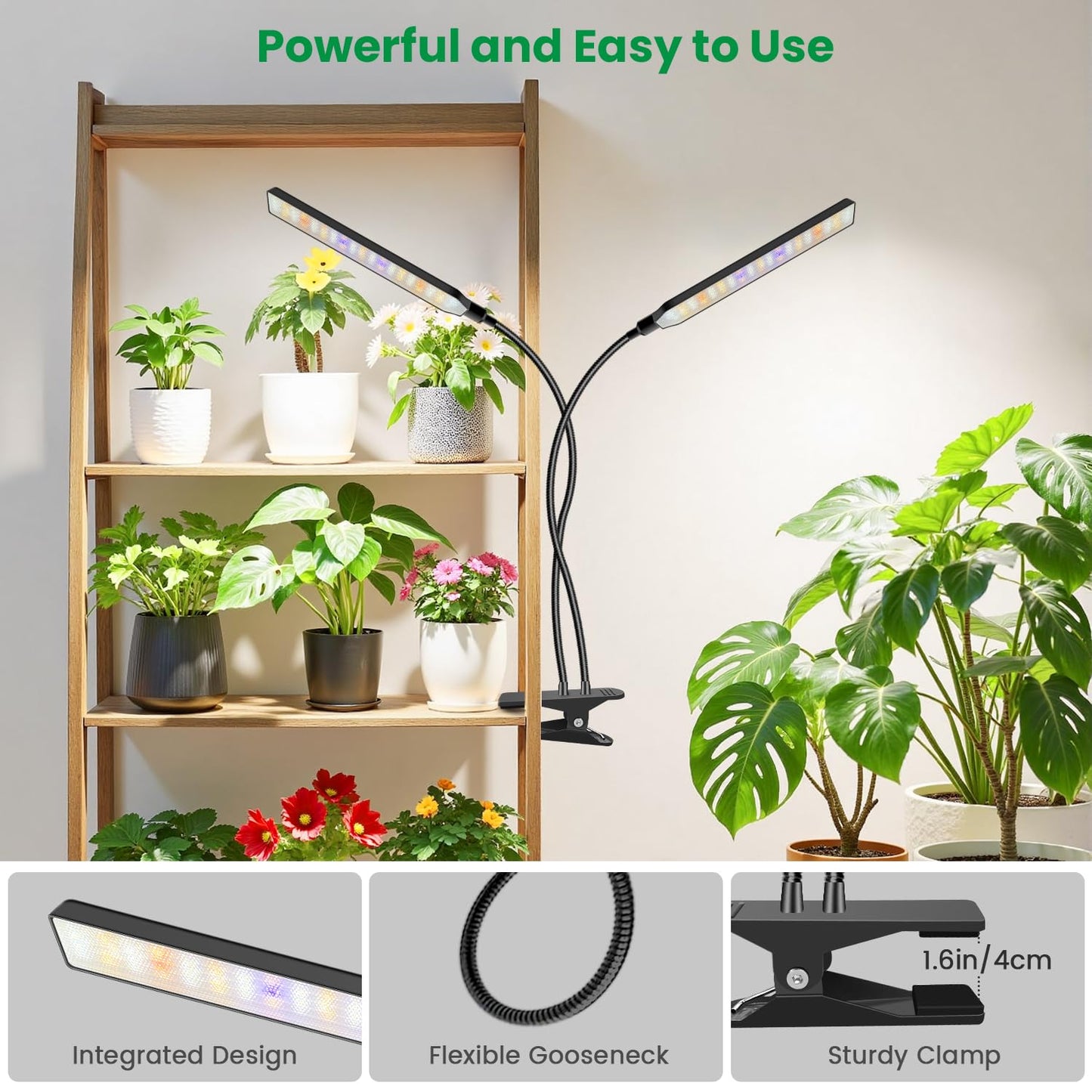 Aumtrly Grow Lights for Indoor Plants, 2 Head 114 LED Full Spectrum Clip on Plant Lights for Indoor Growing with 6/12/16H Timer, 5 Dimming, 3 Light Mode, Black Gooseneck Grow Lamp