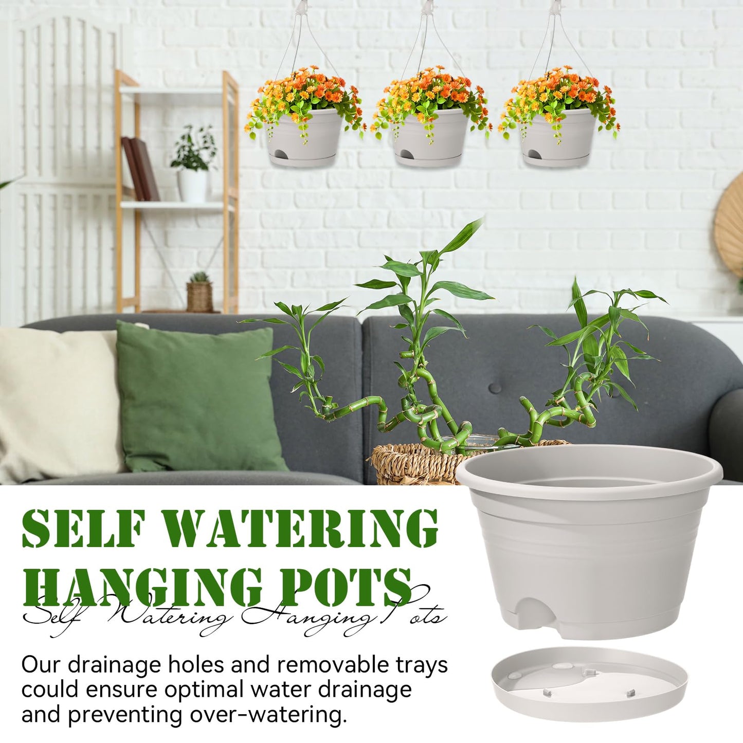 Roshtia 20 Pcs 10 Inch Hanging Baskets for Plants Large Plastic Hanging Basket Pots with Drainage Trays Self Watering Planter Pots for Outdoor Indoor Plants Flowers Garden Balcony (Grey White)