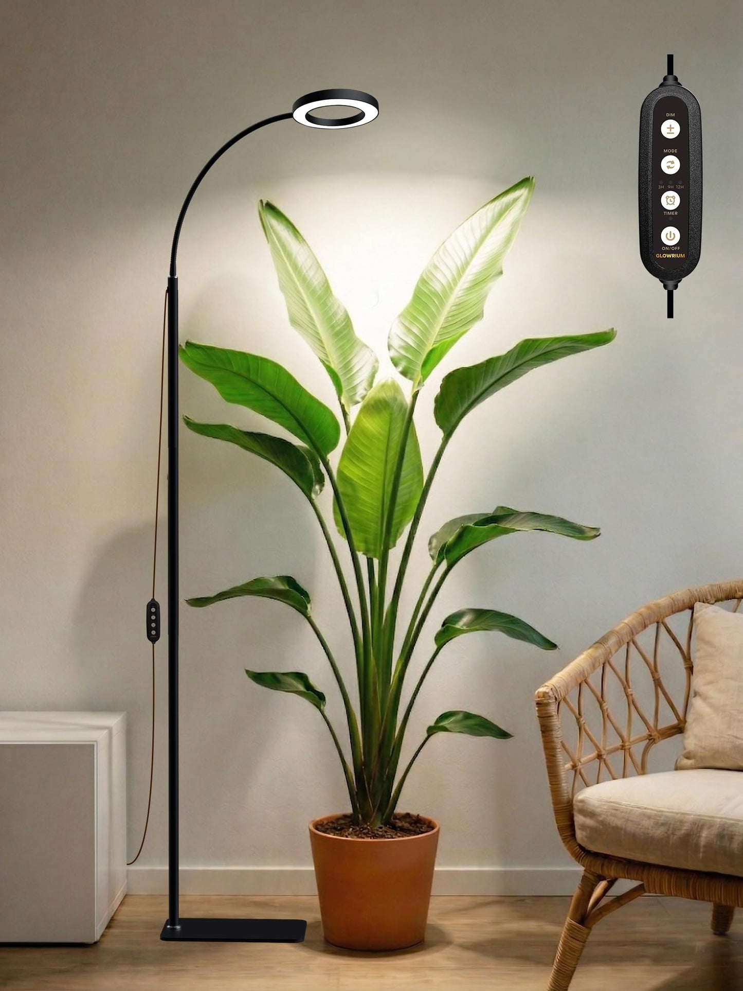 GLOWRIUM Grow Lights for Indoor Plants,20W Full Spectrum LED Plant Light with Stand,Adjustable Height,3/9/12H Timer,6 Dimmable Levels & 3 Lighting Modes (Black-Single Head)