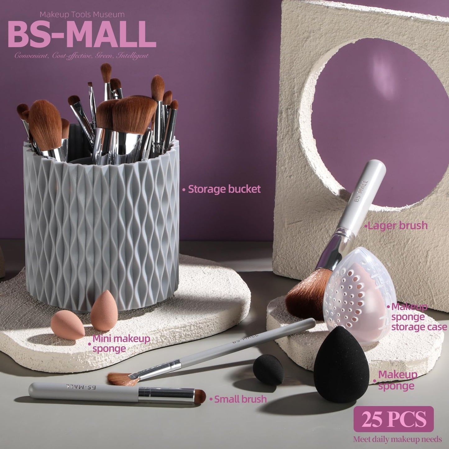BS-MALL Makeup Brushes Premium Synthetic Foundation Powder Concealers Eye Shadows 18 Pcs Brush Set with 5 sponge & Holder Sponge Case (A-Pink)
