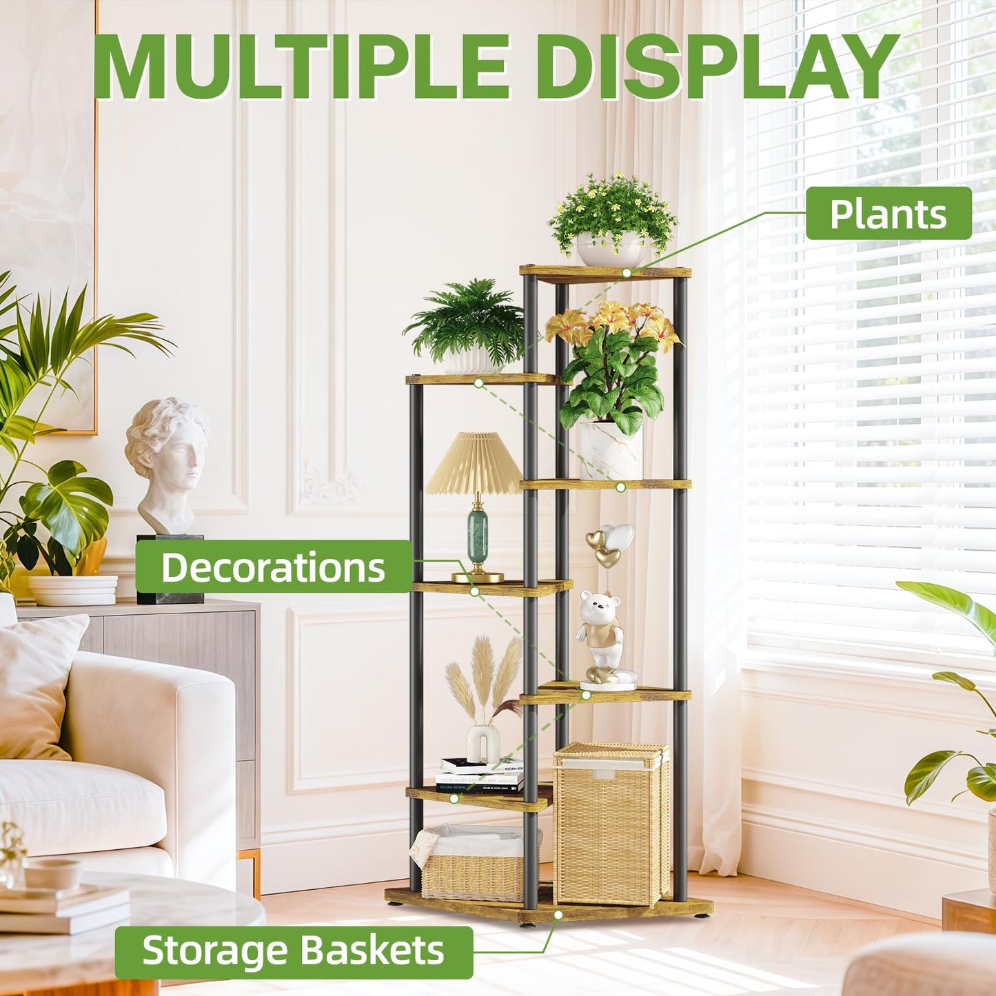 iDavosic.ly Tall Plant Stand Indoor for Large & Heavy Duty Planters, 6 Tier Corner Flower Shelf with Wooden Trays & Metal Frame, 49 Inch Orchid Rack for Living Room Balcony Porch, Black & Brown