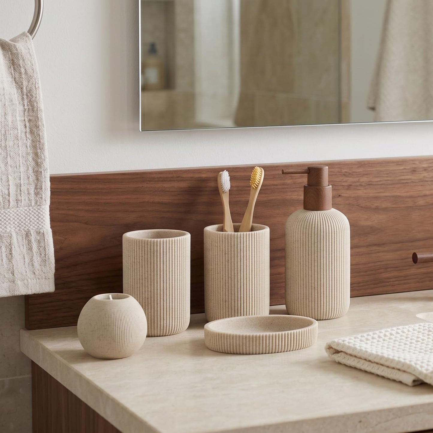 WUUAHOME Bathroom Accessories Set, 5 PCS Sandstone Look Stripe Modern Bath Organizer with Soap Dispenser, Toothbrush Holder, Tumbler, Soap Dish, Candle Holder for Countertop Kitchen Sink (Beige)