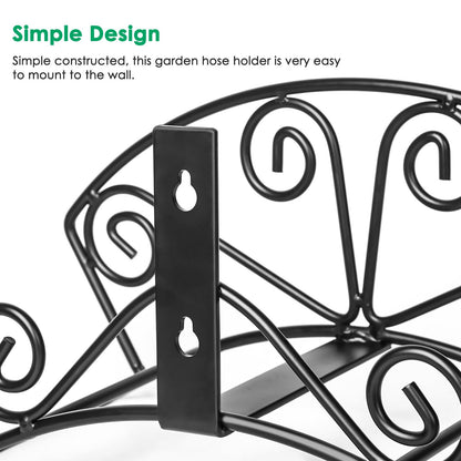 TomCare Garden Hose Holder Heavy Duty Water Hose Holder Solid Metal Hose Hanger Wall Mount Decorative Durable Garden Hose Storage Hose Reel Hose Organizer for Outside Yard, Black