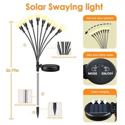 Solar Garden Lights, 8 Pack 64LED Solar Firefly Lights, Waterproof Garden Light Outdoor with 2 Lighting Modes, Swaying Light for Outside Yard, Walkway, Patio, Lawn, Flower Bed Decoration (Warm White)