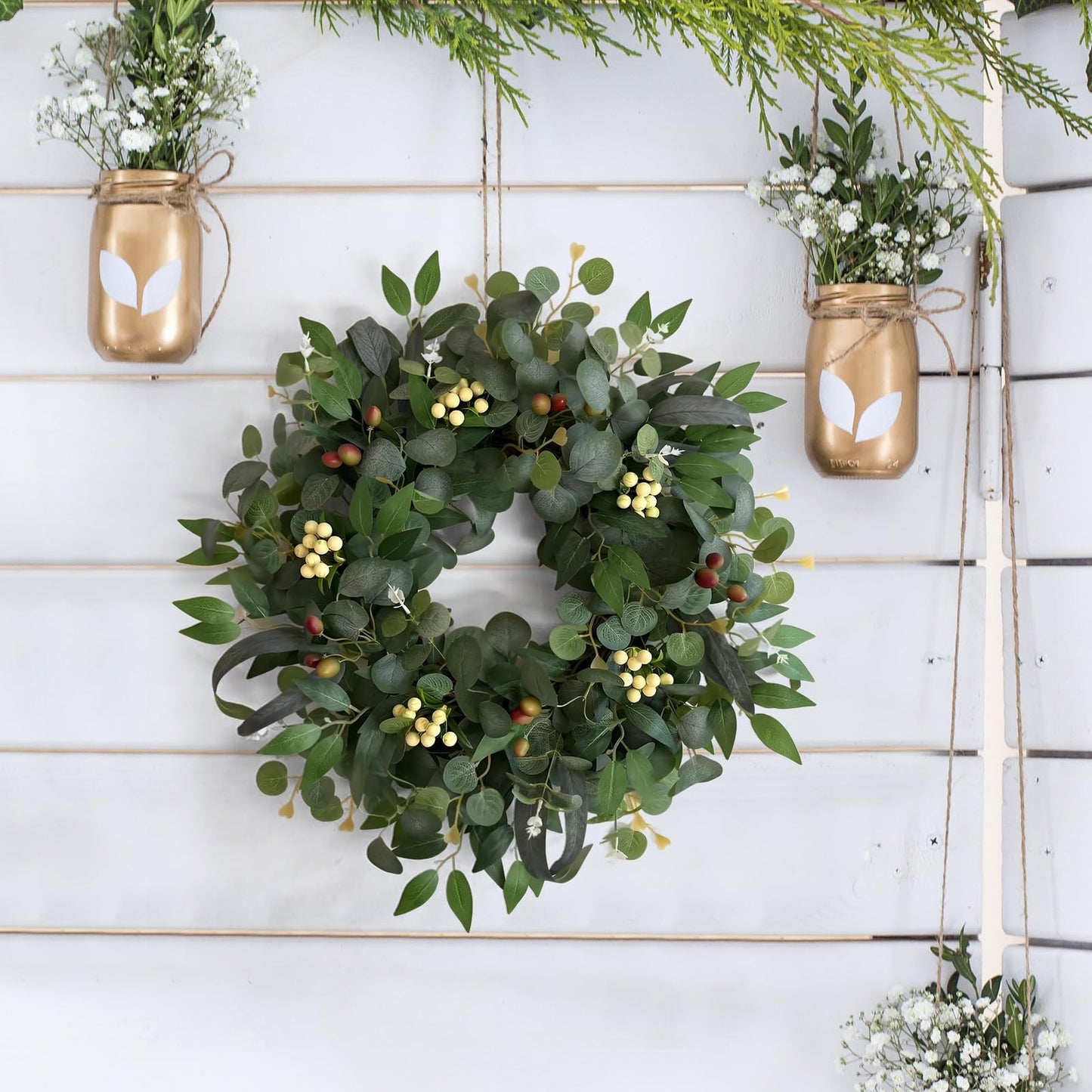 22-24" Eucalyptus Wreaths for Front Door,Spring Summer Fall Autumn Winter Wreaths,Large Eucalyptus Greenery Wreath with Olive Leaves Berries for Front Door Outdoor Farmhouse Decor All Seasons