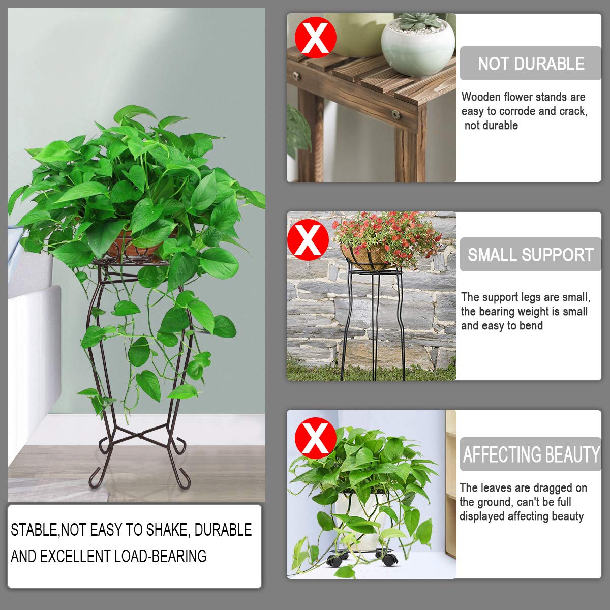 Yimobra Corner Plant Stand for Indoor Outdoor, Heavy Duty Rustproof Metal Flower Stand, 200LB Capacity Plant Holder for Patio Garden Living Room, 12.5 x 23.6 Inches, Bronze