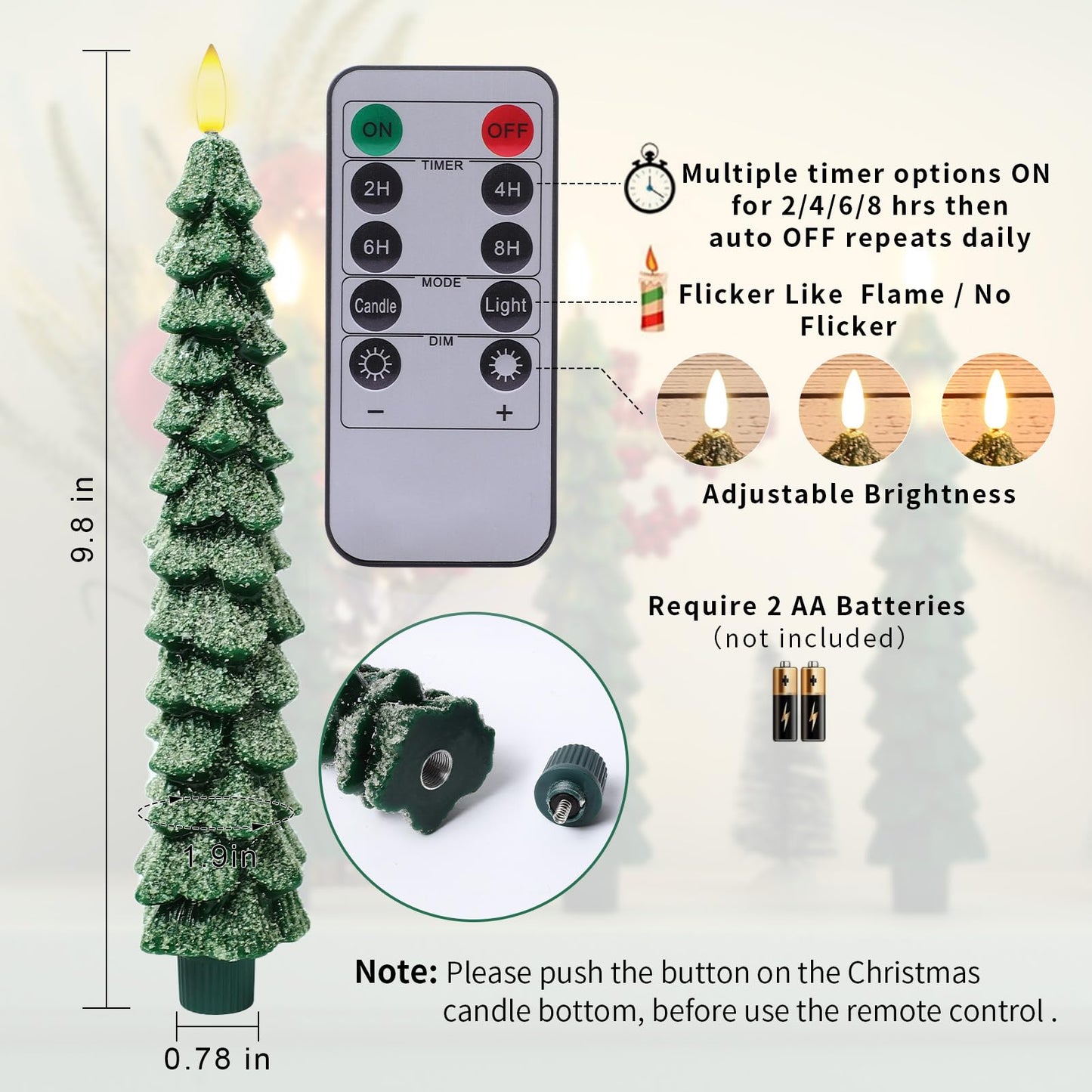 KDVOG 3 Pack Frosted Christmas Tree Candles with Remote, 9.7 Inch Real Wax flameless Taper Candles, LED Green Candlesticks with 3D Flickering Flame for Xmas New Year Home Decor Gifts