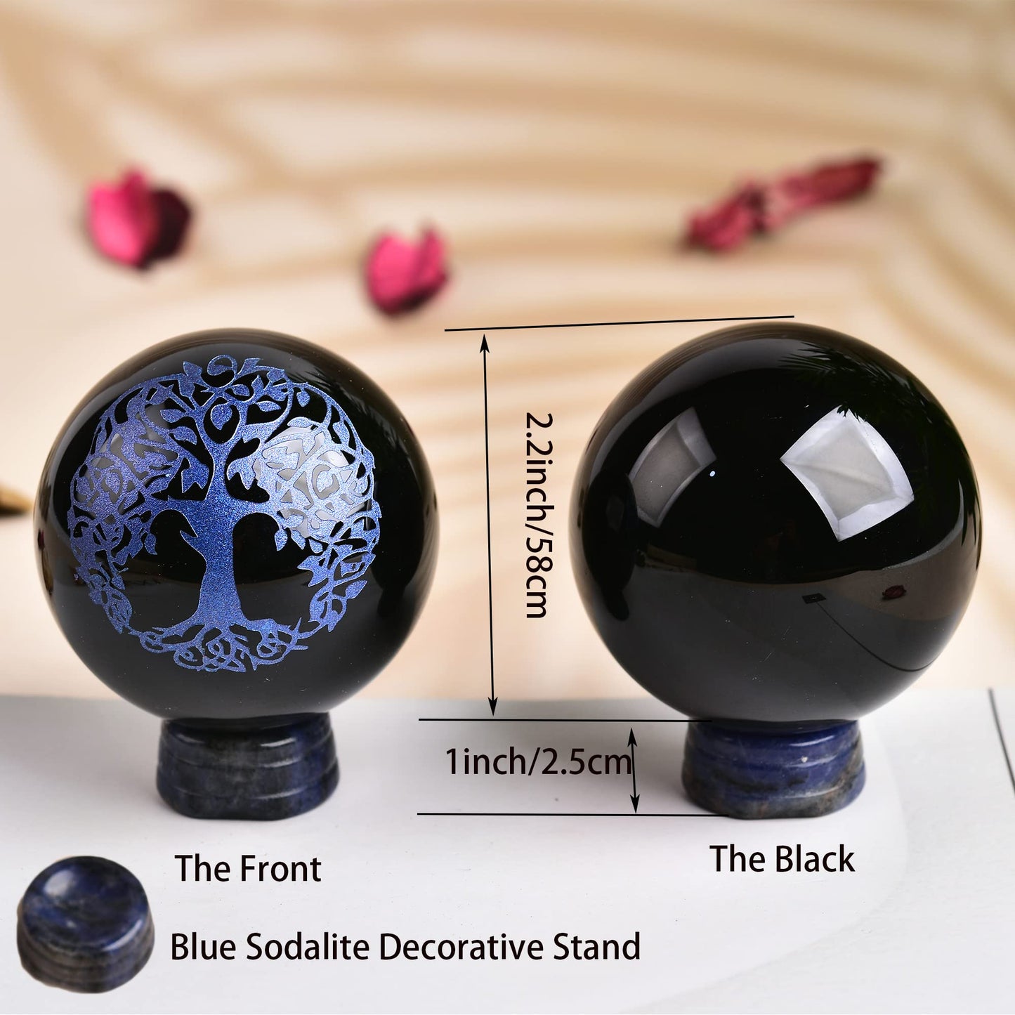 JIC Gem Small Black Obsidian Crystal Ball Sphere Carving Tree of Life with Blue Sodalite Decorative Stand for Meditation, Healing, Feng Shui (60mm / 2.2in)