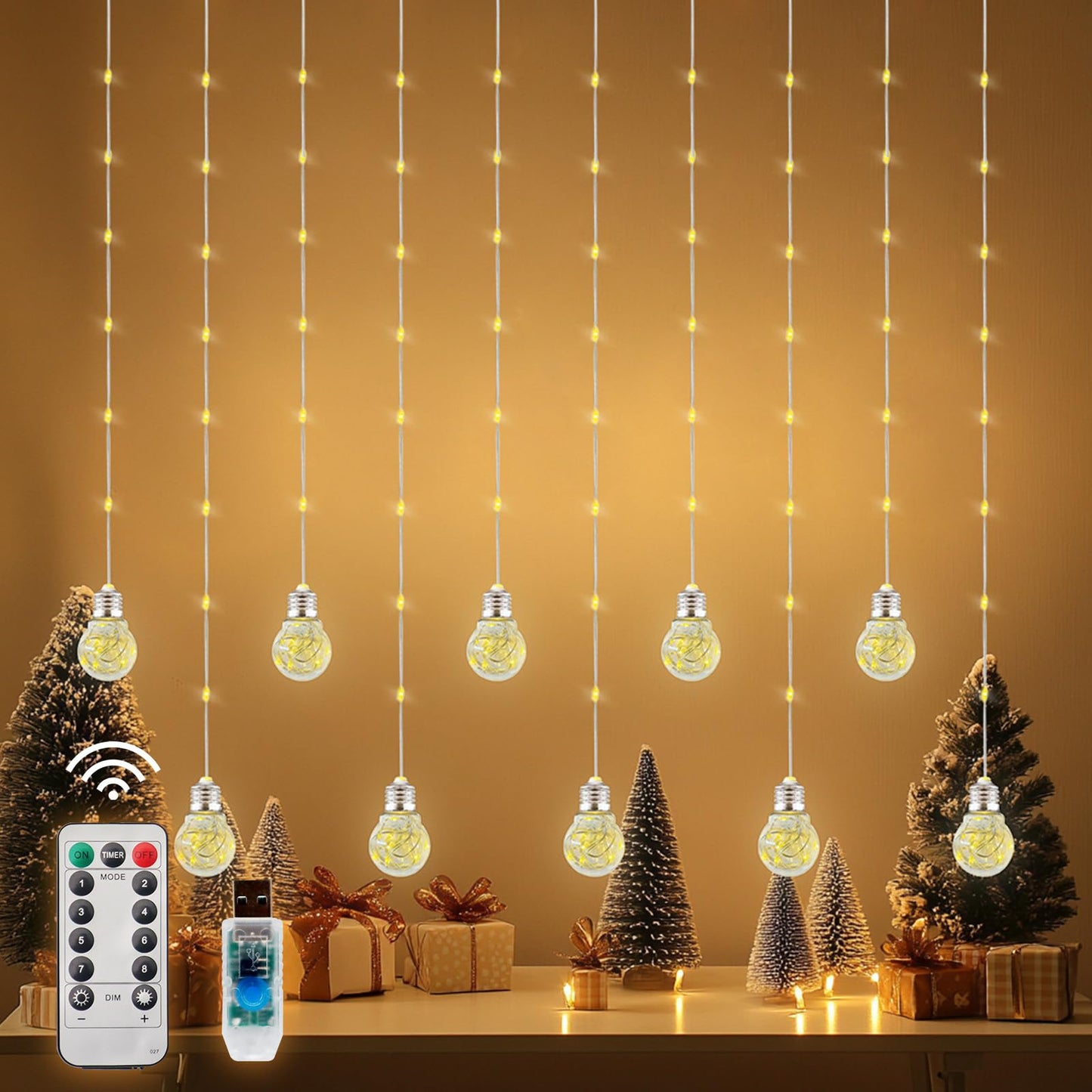 Patioman Wishing Ball Curtain Lights LED Window Hanging Lights with Remote, USB Powered Twinkle Globe Fairy String Lights for Wedding Party Bedroom Christmas Indoor Outdoor Decoration (Warm White)