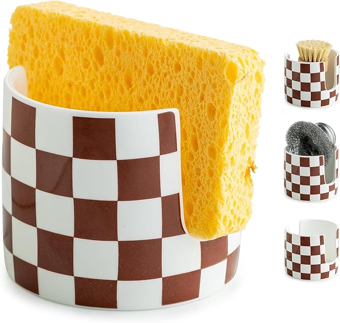 Checkered Sponge Holder for Kitchen Sink, Ceramic Dish Sponge Drying Caddy