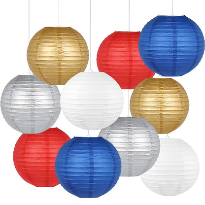 AimtoHome Paper Lanterns Set (10 Pcs)- 8/10 Inch Royal Blue, Red, White, Gold & Silver Round Hanging Paper Lanterns for Wedding, Birthday, Patriotic Holiday, Party Decor, Baby Showers & Home Accents