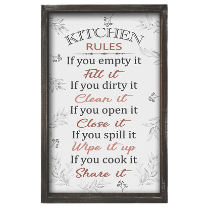 Buecasa Farmhouse Funny Kitchen Rules Sign - Rustic Country Wooden Frame Dinning Room Decorations 16x9.5 Inches Vertical
