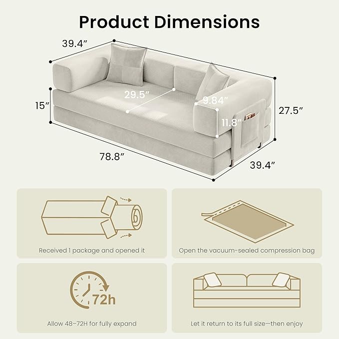 78.8" Convertible Sofa Bed, Corduroy Futon Couch