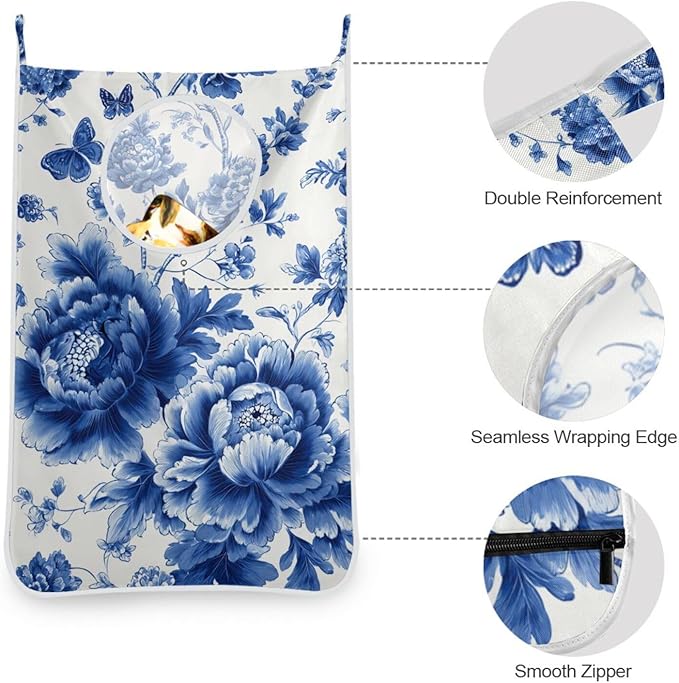 Blue and White Peony Flowers Butterfly Hanging Laundry Hamper Door Hampers Bag