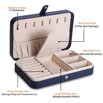 LANDICI Jewellery Box Small Jewellery Organiser for Women Girls, PU Leather Travel Jewellery Storage Case, Portable Jewellery Holder for Ring Earrings Necklace Bracelet,Jewellery Gift Box,Navy blue