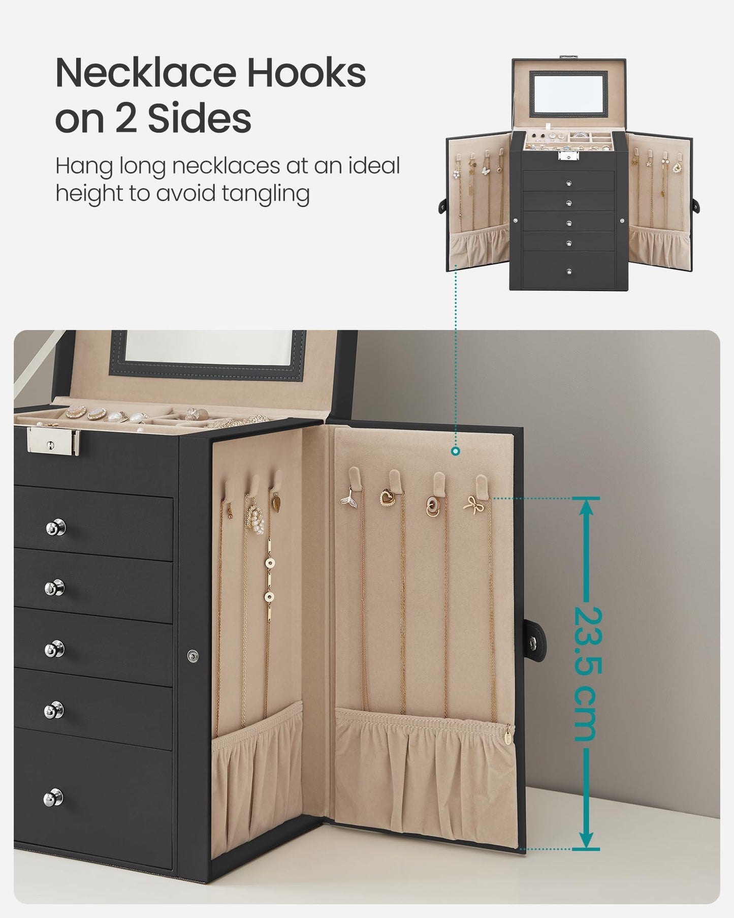 SONGMICS Jewellery Box 6 Tiers, Jewellery Case with 5 Drawers, Large Storage Capacity, with Mirror, Lockable, Jewellery Storage Organiser, Gift for Loved Ones, for Watches, Black JBC152B01