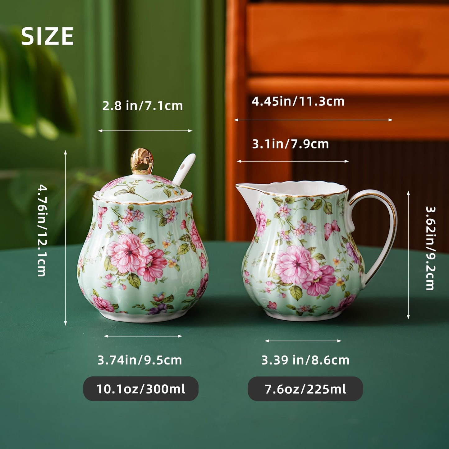 Agyiuns Ceramic Sugar and Creamer Set, 3 Piece Set with Cream Pitcher, Sugar Bowl, Sugar Set with Lid and Spoon (Green)