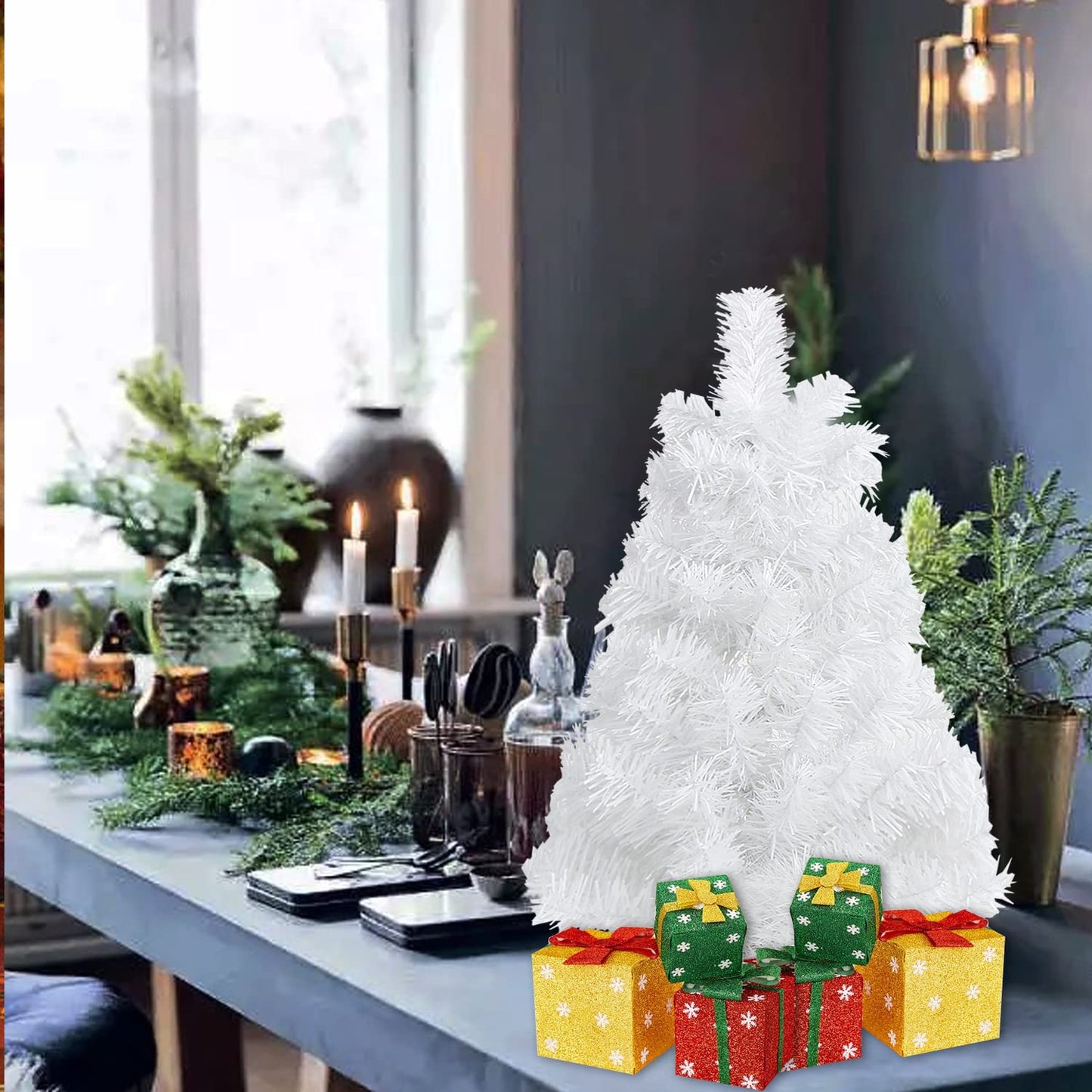 CCINEE 2Ft Artificial Christmas Tree, White Mini Tabletop Xmas Tree with Plastic Stand 80 Branches Tips for Christmas Party Supplies Home Indoor Decoration