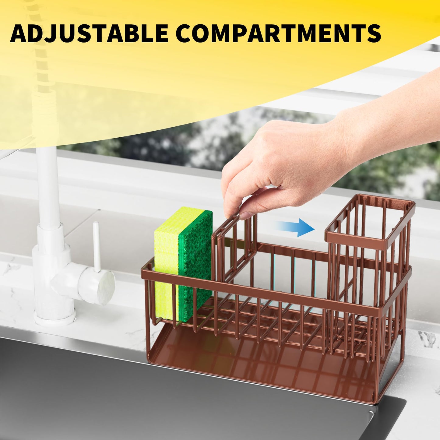 Cisily Kitchen Sink Caddy Organzier with High Brush Holder, Sponge Holder for Sink, 304 Rustproof Stainless, Kitchen Countertop Soap Dispenser Organizer, Kitchen Decor and Accessories
