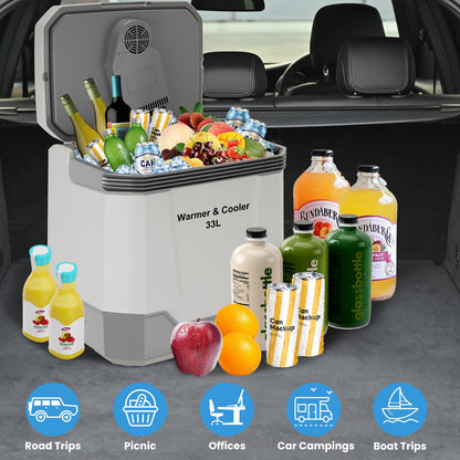Garvee 35 Quart (33 L) Electric Cooler & Warmer, Portable Car Refrigerator With Automatic Locking Handle, 12V Car Cooler for Vehicle & Trucks, 110V AC Home Power Cord, Plug In Coolers, Grey