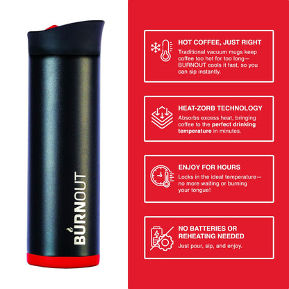 LEXO Burnout 16 oz Drink-Now Mug Bundle - Black & Red with Slide Lids, Instantly Cools Hot Coffee to Perfect Temperature