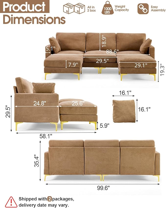 Karl home 99.6" Sectional Sofa, U-Shaped Chenille Upholstered Couch