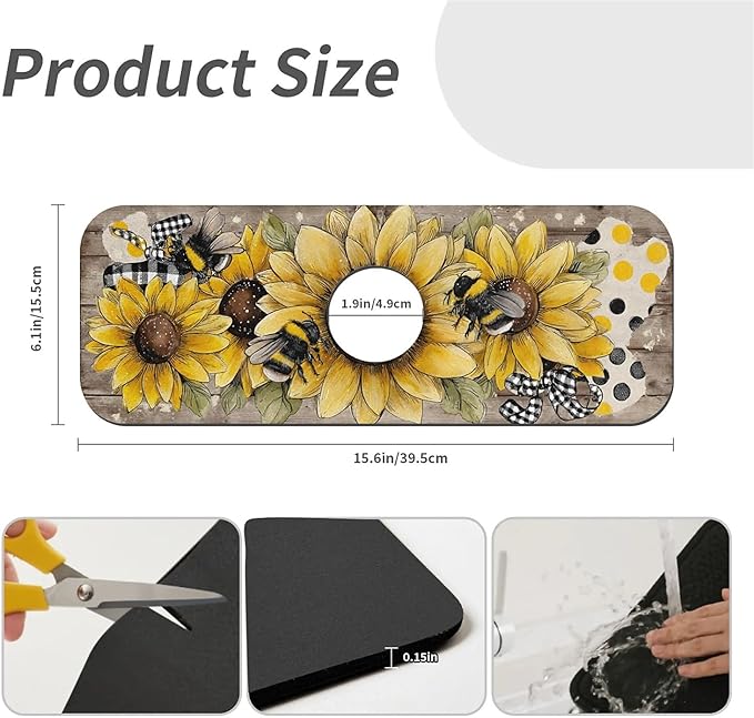 Kitchen Sink Splash Guard，Sunflower-with bumblebees Faucet Mat Sink