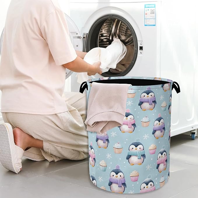 Cute Penguin Laundry Basket, Snowflake Cake Foldable Oxford Cloth Tote Bag