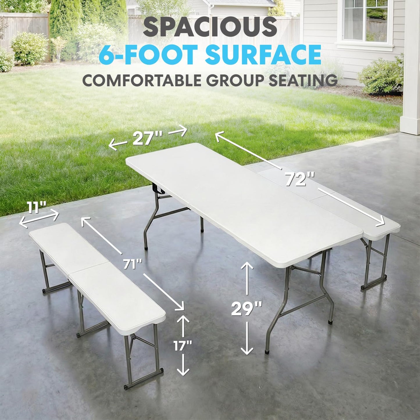 SIMPLI-Magic 6 Ft Folding Table with 2 Benches - Heavy Duty Plastic Portable Table Set with Carry Handle & Locking Legs, Indoor Outdoor Utility Table for Picnic, Party, Camping & Events