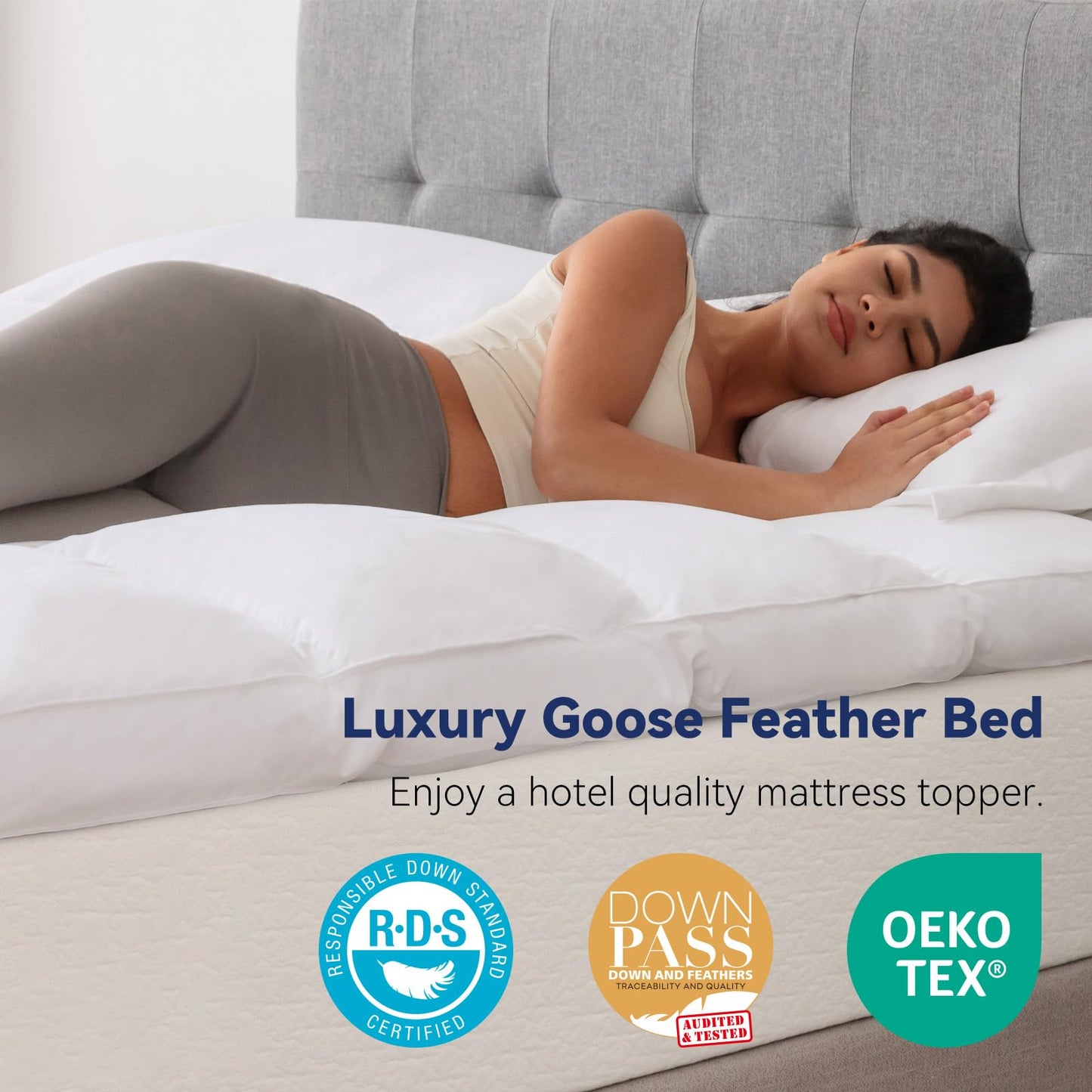 LeWinBedding 3 Inch White Goose Feather Mattress Topper,Full Feather Bed Topper,Mattress Cover with Straps,Ultra Soft Pillowtop,100% Cotton Fabric(54”x75”)