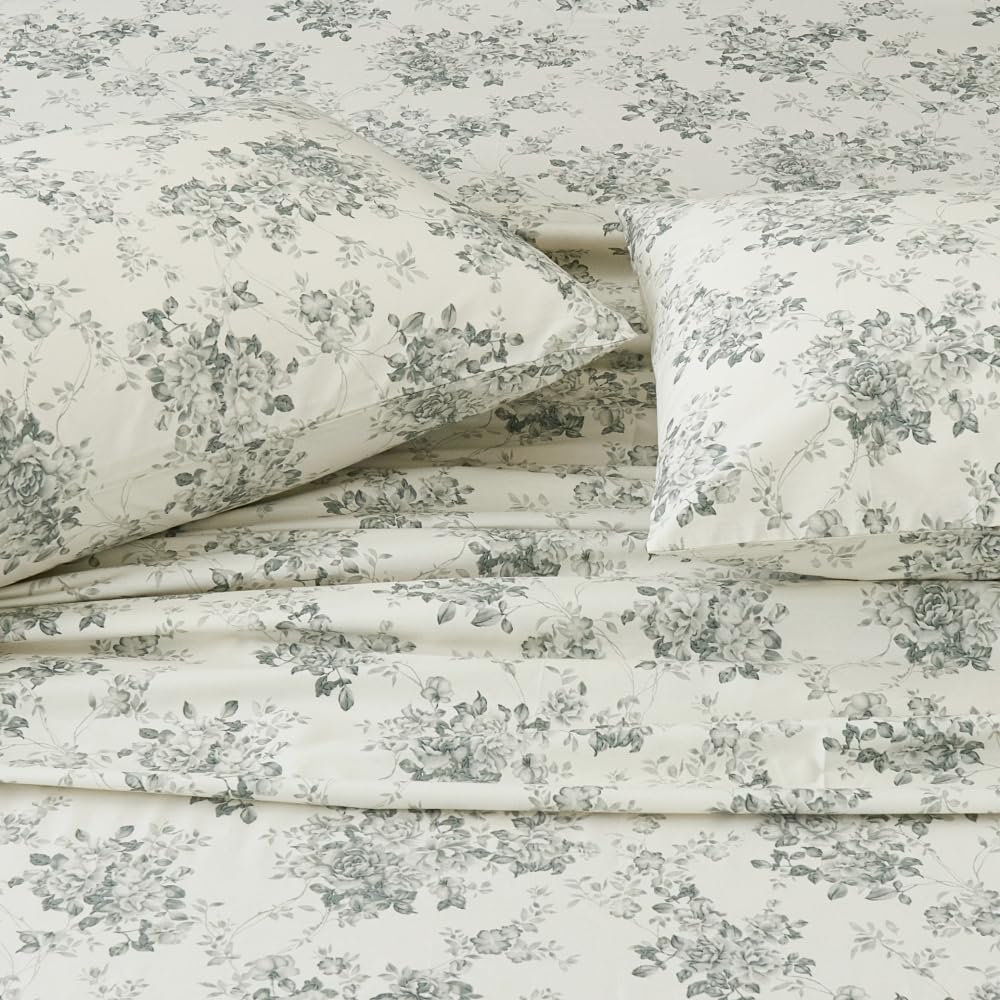 DAUAOTO 100% Cotton Bedding Printed Sheets Set for Full Size Bed Up to 14" Deep Mattress, Toile Rose Floral Pattern Bedlinen Sets, Gray