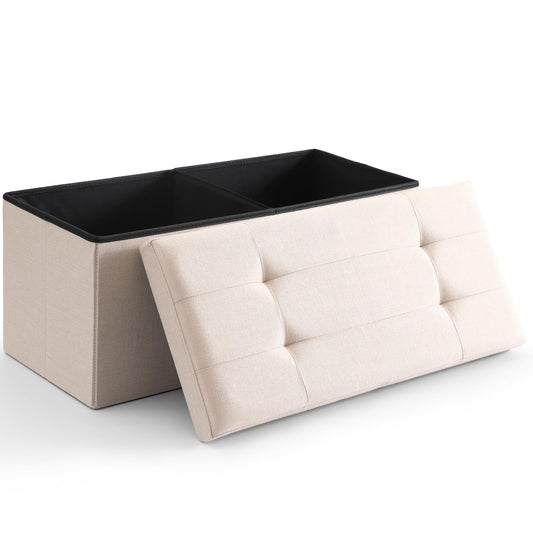 CUYOCA Storage Ottoman Bench Foldable Seat Footrest End of Bed Ottoman with Flipping Lid for Living Room, 75L, 30 inches Linen Fabric Beige