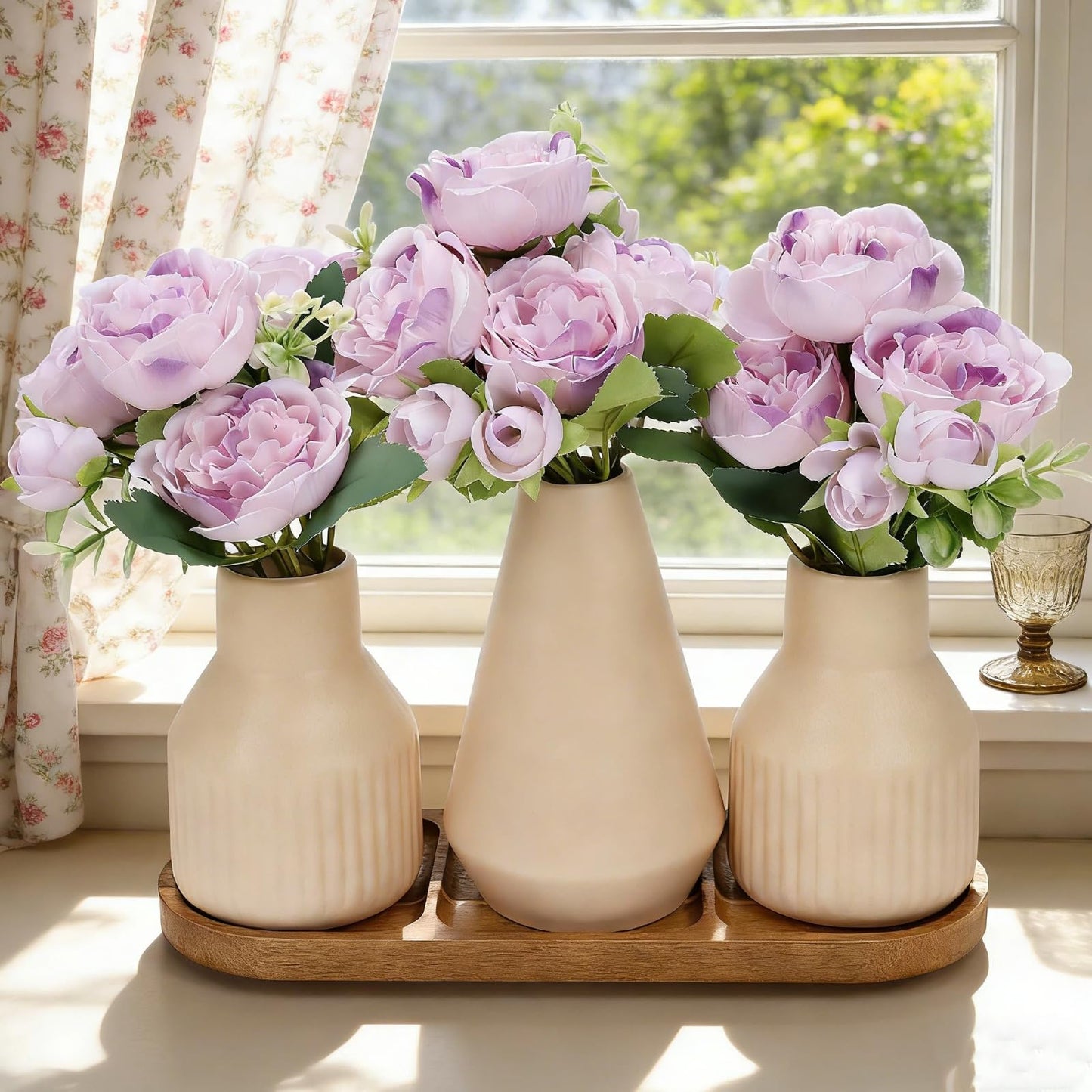 Nagobi Flower Table Centerpiece - Dining Table Centerpiece Decor Set of 3 Fake Peonies in Ceramic Vases & Wood Tray Modern for Kitchen Island Living Room Coffee Table Home Decor (Light Purple)