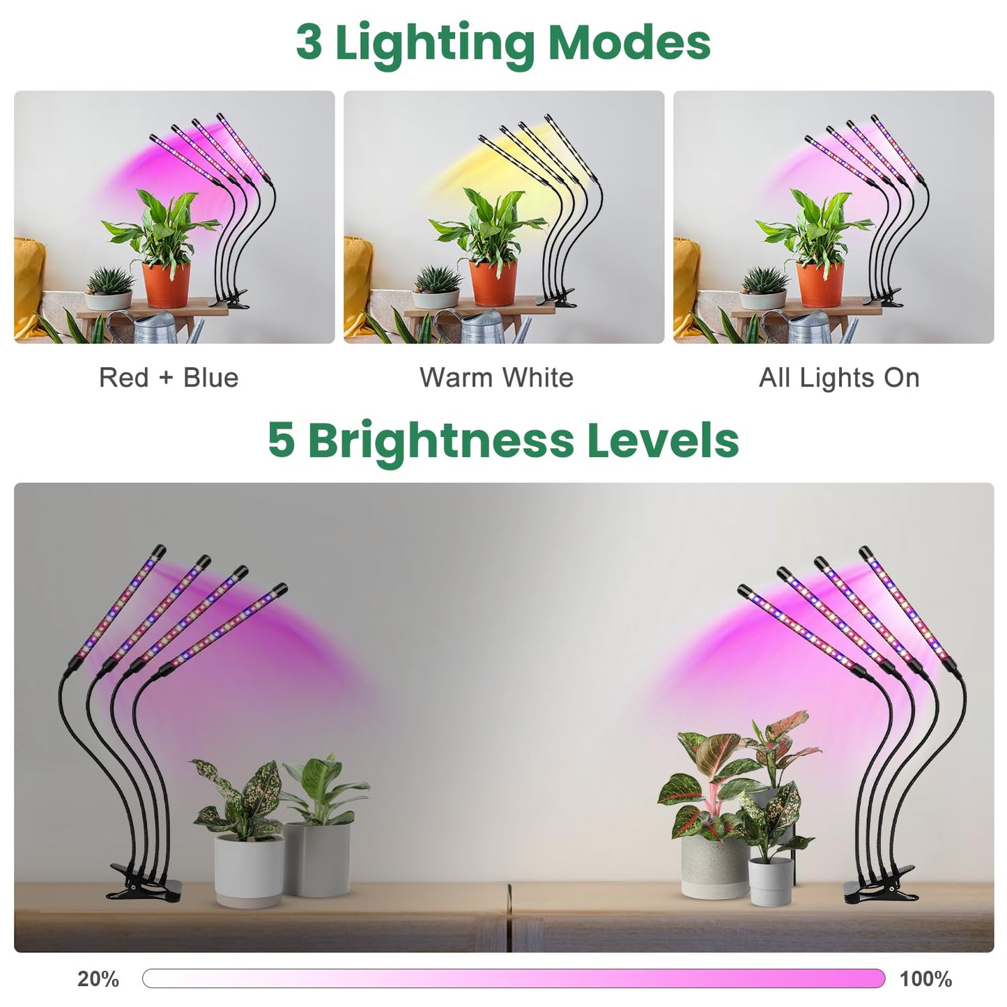 Garpsen Grow Lights for Indoor Plants, 80 LEDs Full Spectrum Plant Light with Clip, 5 Dimming Levels & 3 Colors Grow Lamp with Timer 6/12/16H, 360° Adjustable Gooseneck for Seedlings and Succulents
