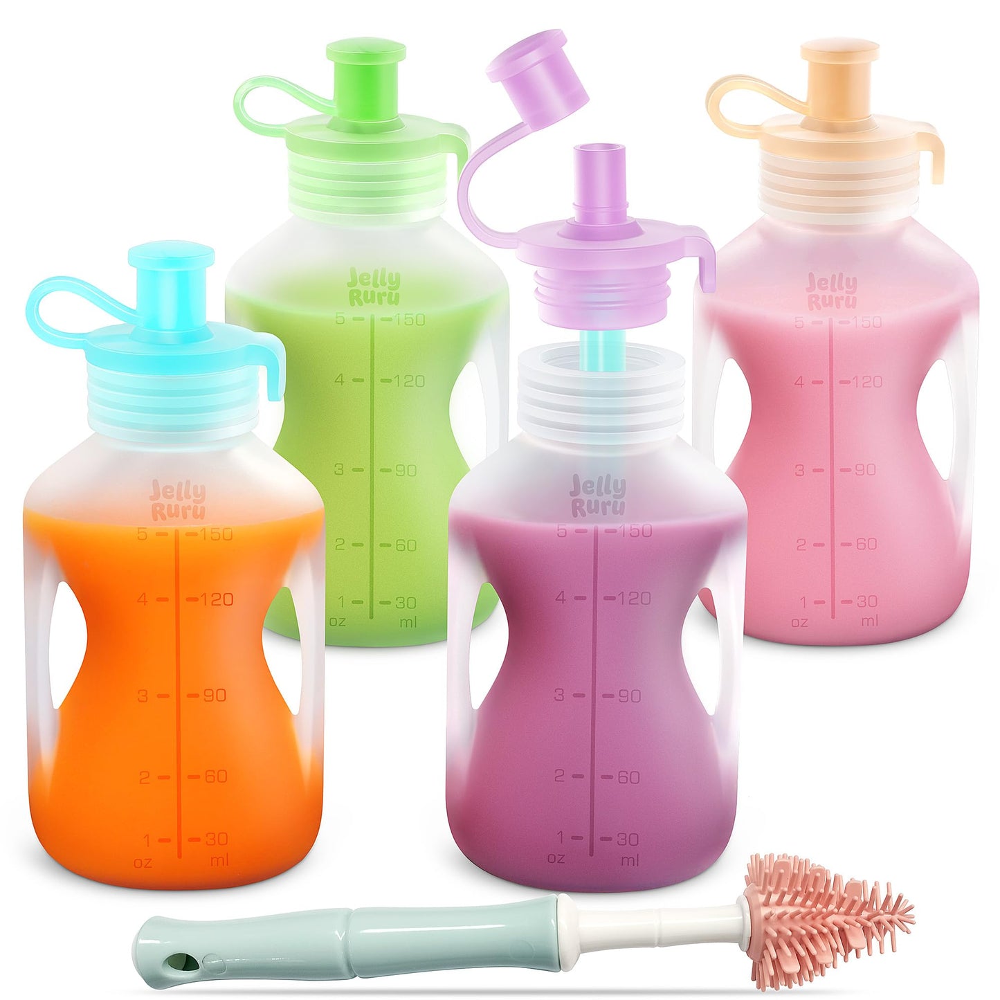 Jelly Ruru Silicone Reusable Baby Food Pouches with Straws, Leakproof Refillable Squeeze Pouches, Dishwasher, Freezer, Microwave Safe, Baby Food Storage for Homemade Puree, Yogurt (one size, Count, 4)