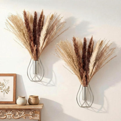 Otoolling Boho Wall Decor Set of 2 – Metal Hanging Wall Art with Faux Pampas or Eucalyptus,Minimalist Bohemian Accent for Living Room, Bedroom, Entryway(Silver,Pampas)