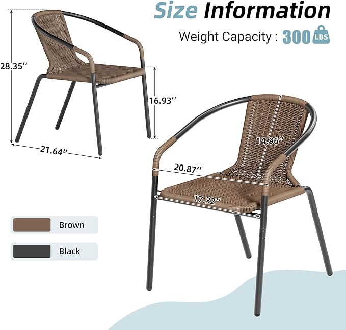 Amopatio Outdoor Dining Chairs Set of 6, Rattan Wicker Patio Chairs, Stackable Indoor-Outdoor Chairs, Bistro, Deck, Yard, Porch, 6 Pack, Brown