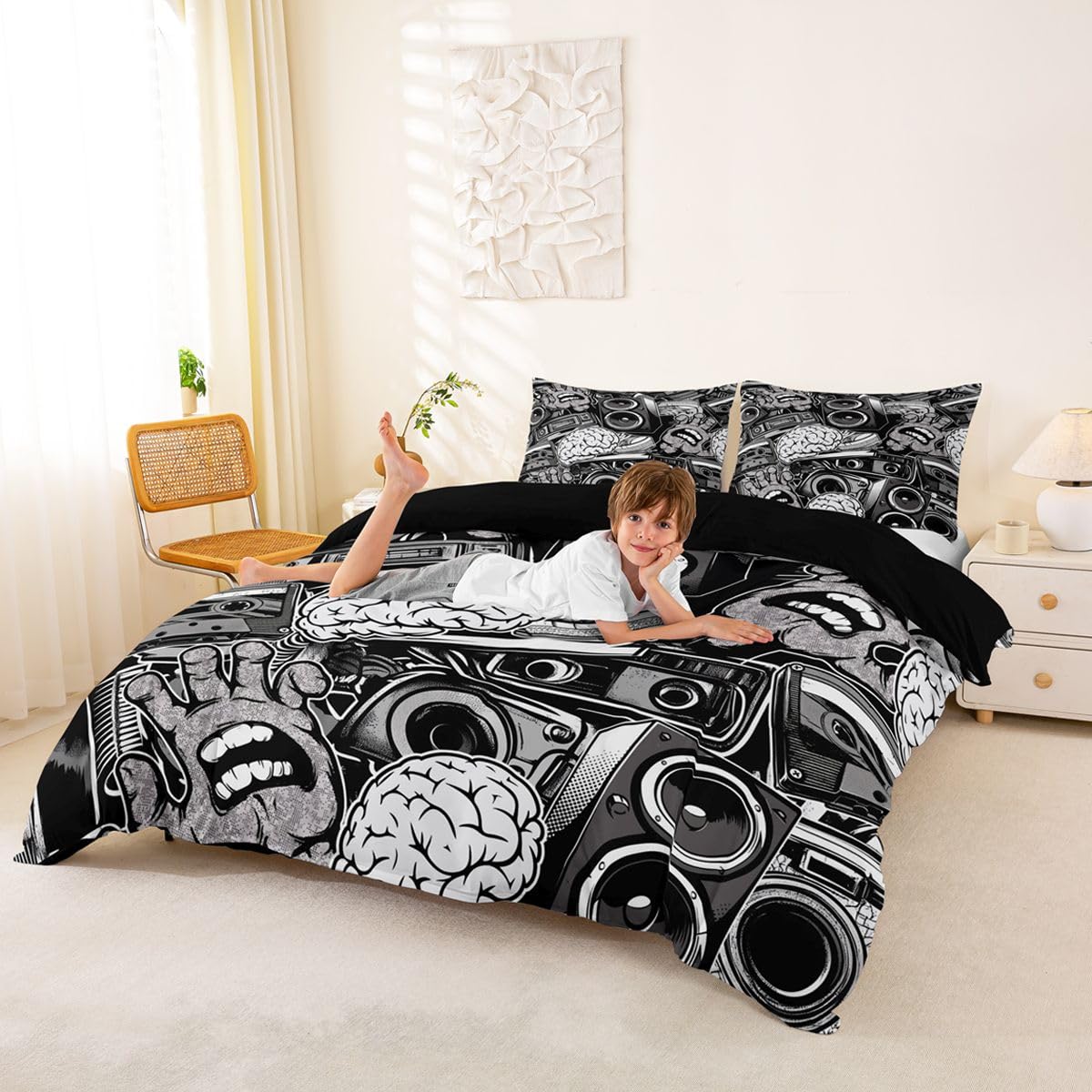 Feelyou Graffiti Bedding Set for Teens Boys Full Rock Music Theme Duvet Cover Set Hip Hop Comforter Cover Set Kids Teenage Street Art Quilt Cover Hippie Room Decor Bedding with 2 Pillow Shams (3Pcs)