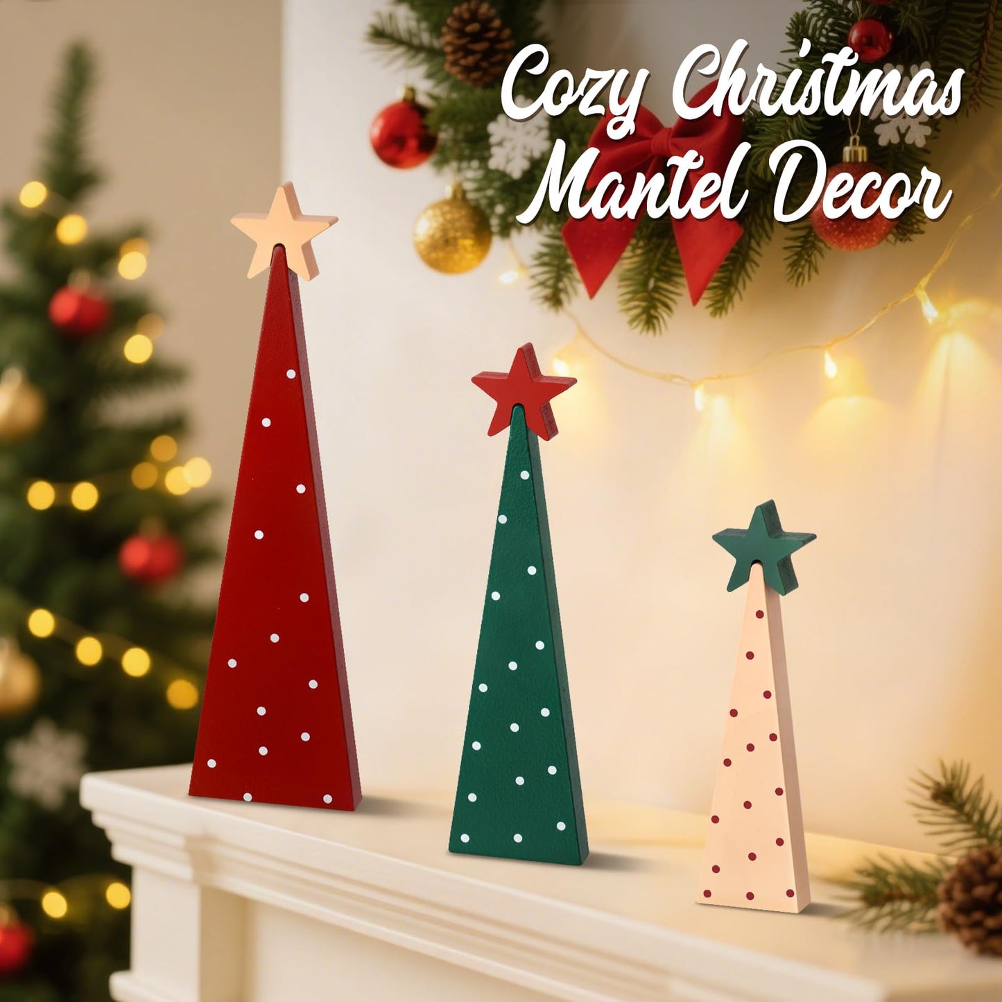 Shzbtdo Christmas Table Decorations, 3 Mini Christmas Tree Tabletop Centerpieces with Detachable Stars, Wooden Xmas Decorations Indoor for Mantel Fireplace Kitchen Office Decor