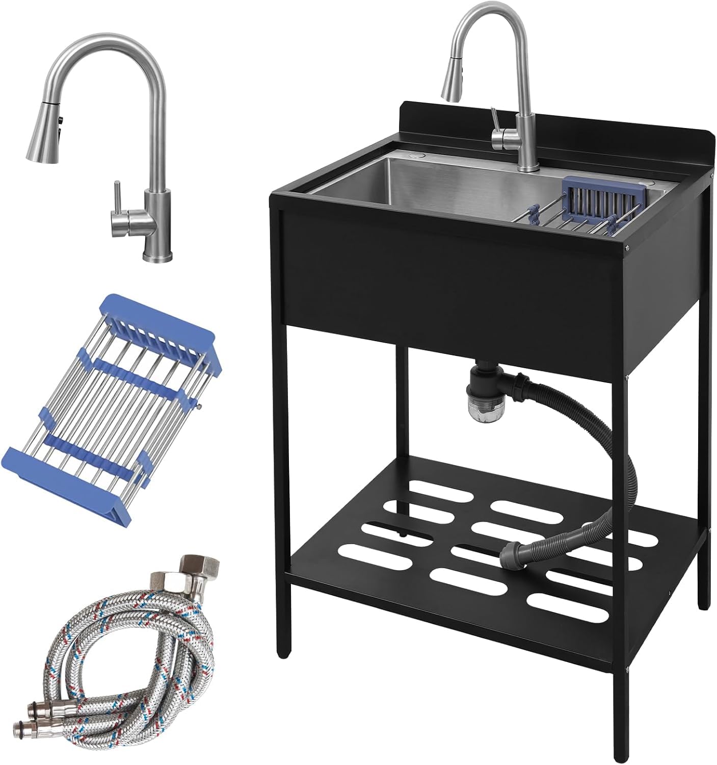 Portable Freestanding Stainless Steel Laundry Utility Sink with Cold and Hot Water with Cabinet Faucet Outdoor Kitchen Black Utility Sink