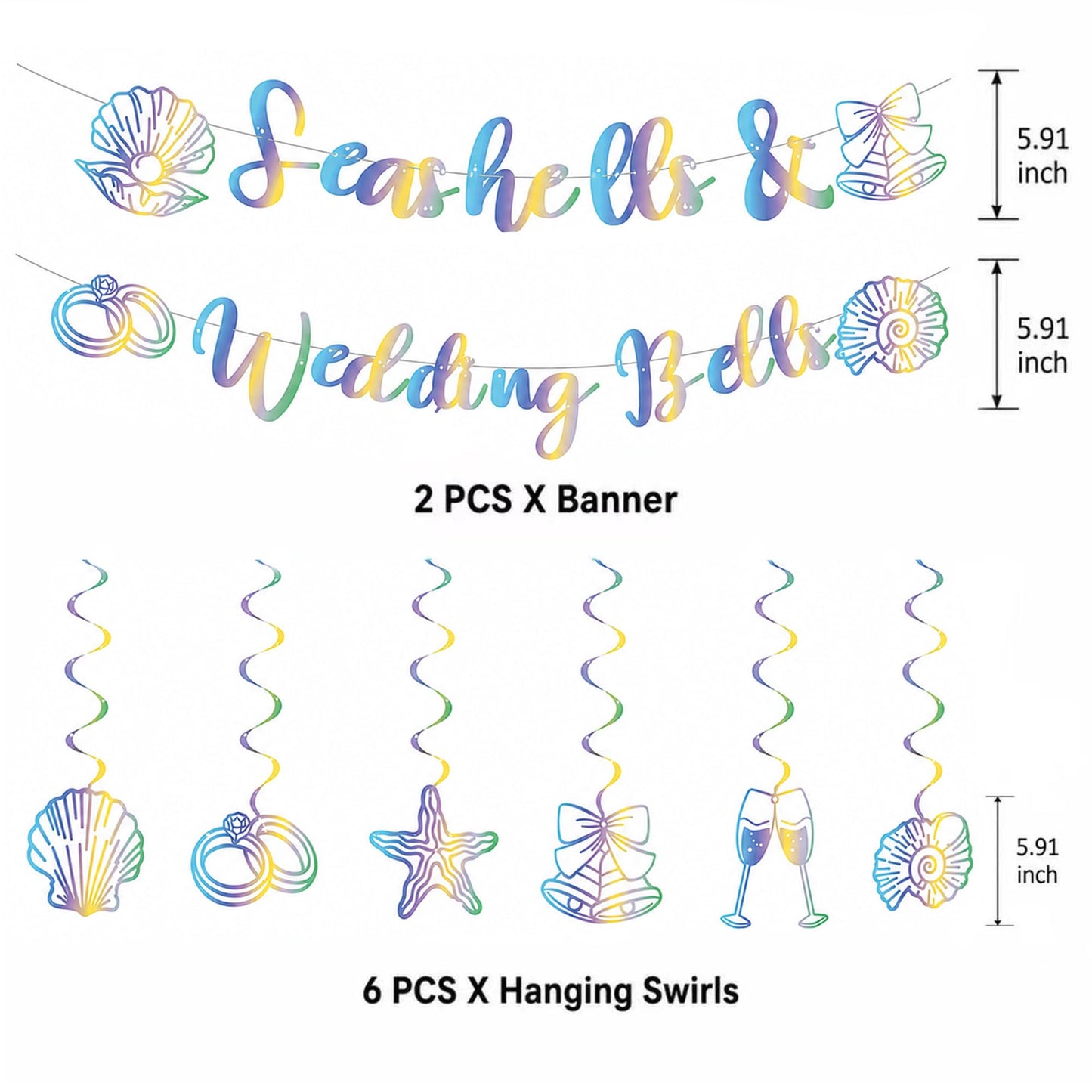 Seashells and Wedding Bells Decor - Rainbow Iridescent Holographic Bachelorette Bridal Shower Decorations Last Toast on the Coast Party Garland Hanging Swirls