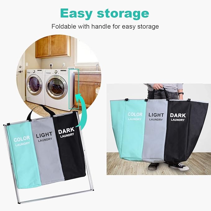 135L Laundry Cloth Hamper Sorter Basket Bin Foldable 3 Sections