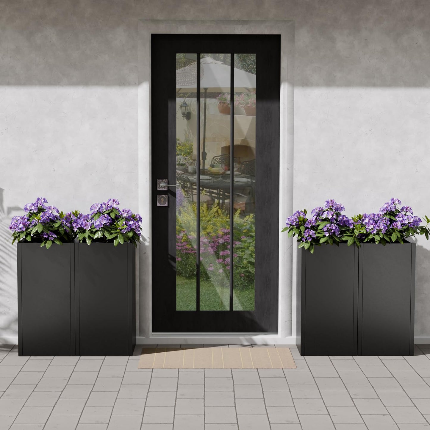 Diyfire Black Tall Metal Planters Box for Outdoor Plants 4 Pack- 23.6" H Steel Tall Square Planter with Removable Insert Shelf, Modern Heavy Duty Pedestal Planter Front Porch Decor Patio Garden