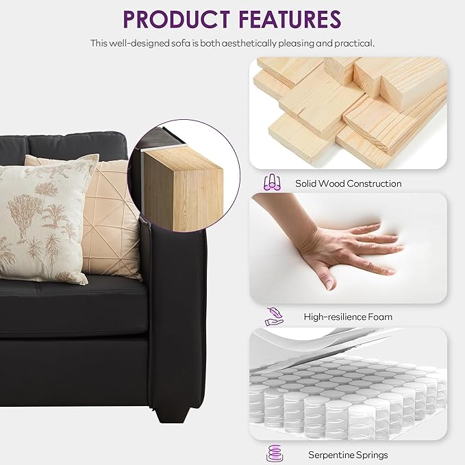 TYBOATLE Black Sectional Couches w/Side Pockets