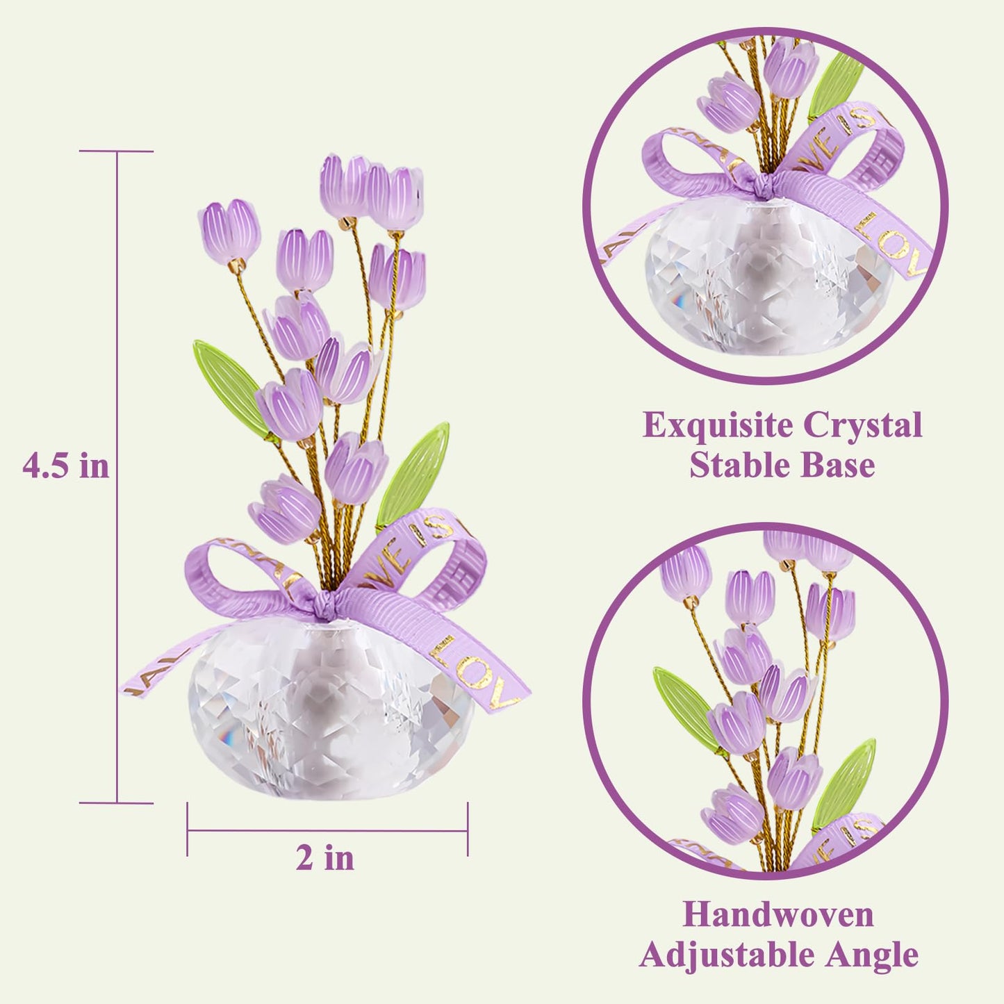 Crystal Flower Figurine - Handmade Mini Flower Decor with Crystal Base, Plastic Artificial Petals and Adjustable Wire, Cute Floral Ornament for Home/Office/Car, Ideal Gift for Women(Purple Tulips)