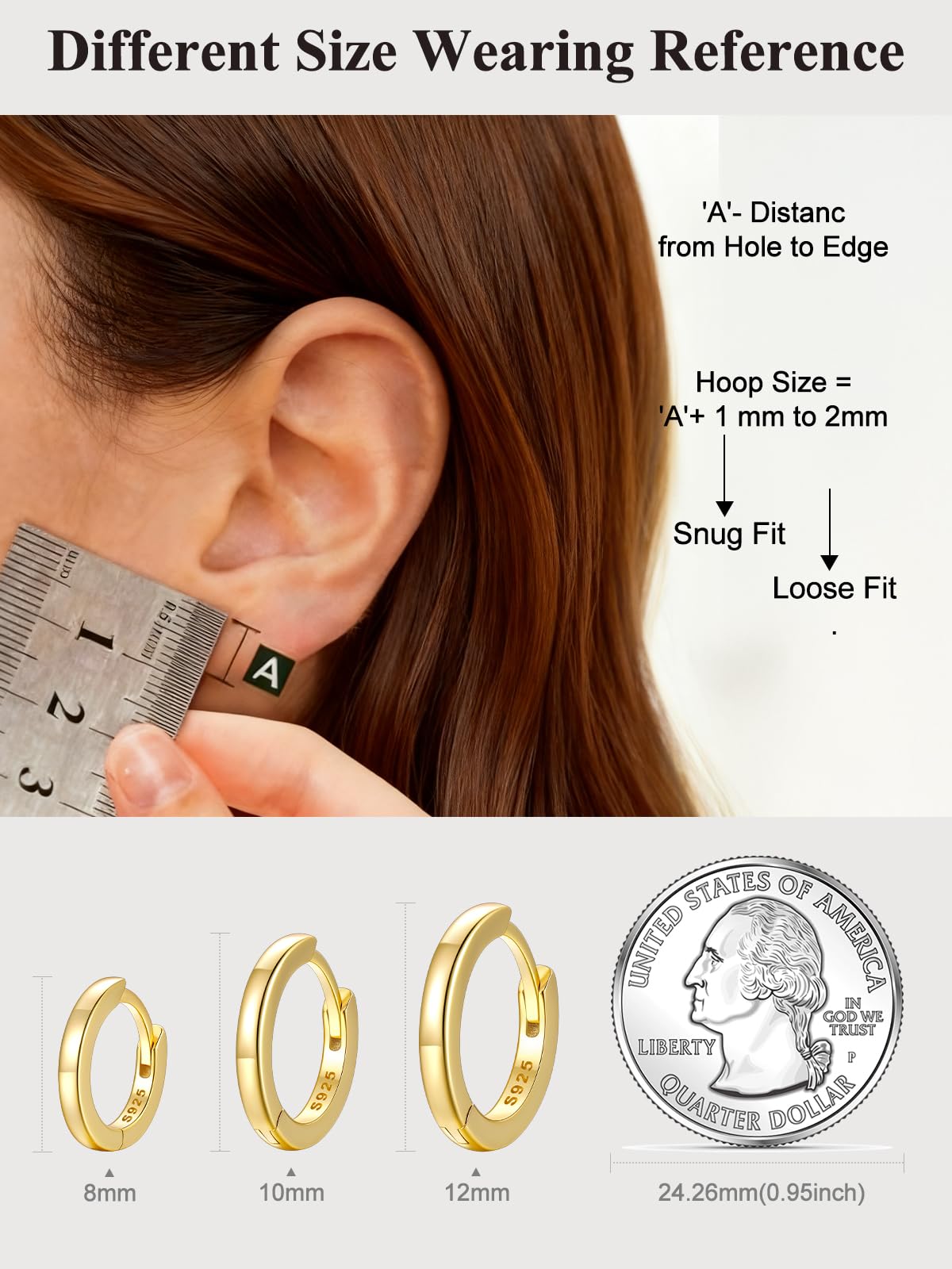 SILVERCUTE 925 Sterling Silver Huggie Hoop Earrings for Women,Hypoallergenic 14K Gold Plated Small Hoop Earring Cartilage Earring Lightweight Huggies Earrings for Women,8/10/12mm