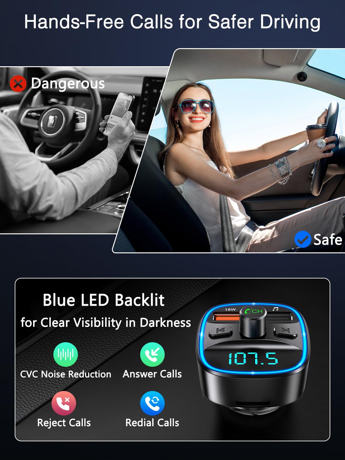 ORIA Bluetooth 5.3 FM Transmitter for Car, Bluetooth Car Music Wireless Radio Adapter, Universal Car Charger with Dual USB Charging, Support TF Card & USB Disk (USB-C Converter Included)