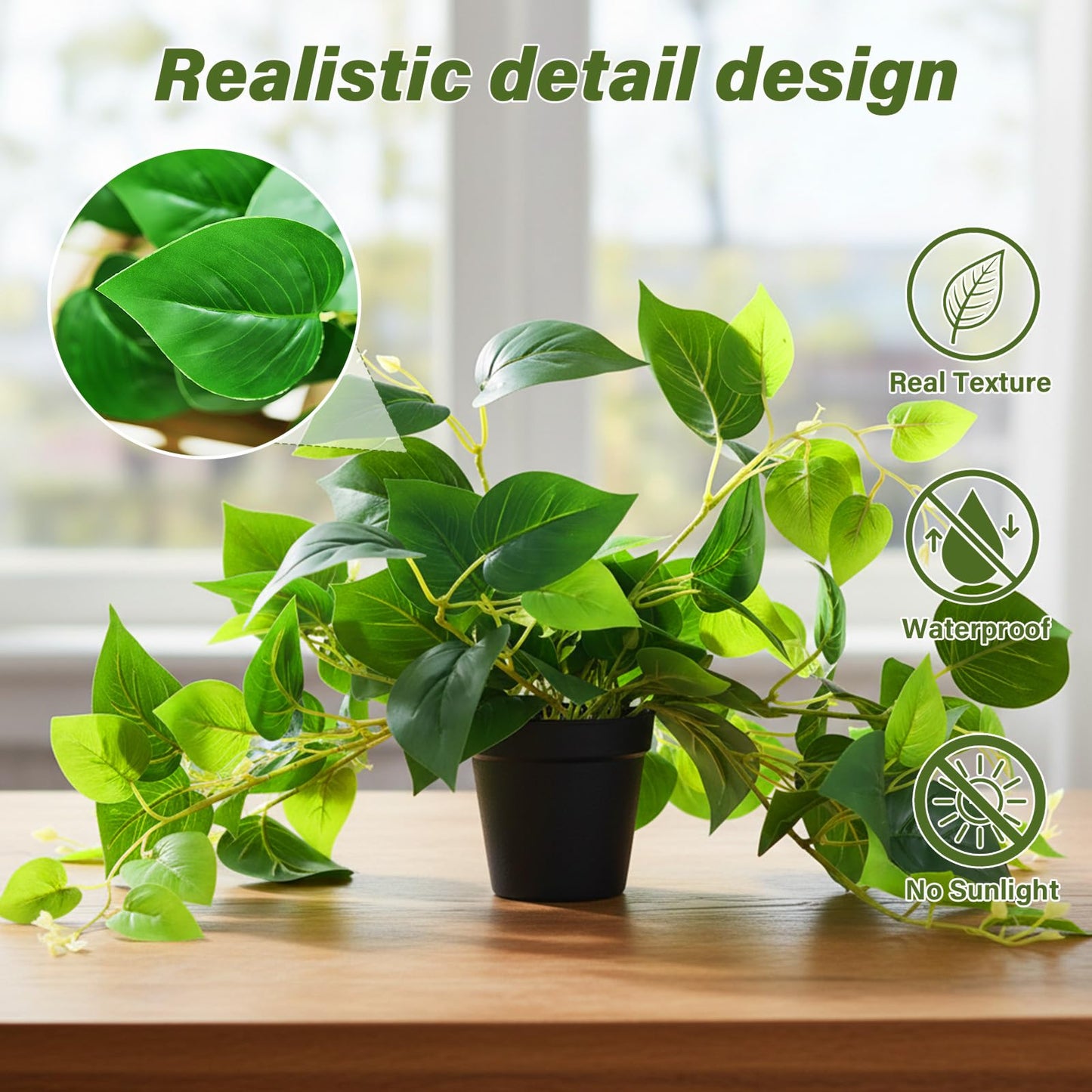 Tiita 1 Pack Fake Plants Artificial Scindapsus Aureus in Pots, Realistic Fake Greenery Potted Plants for Home Office Desk Window Sill Bathroom Bedroom Outdoor Indoor